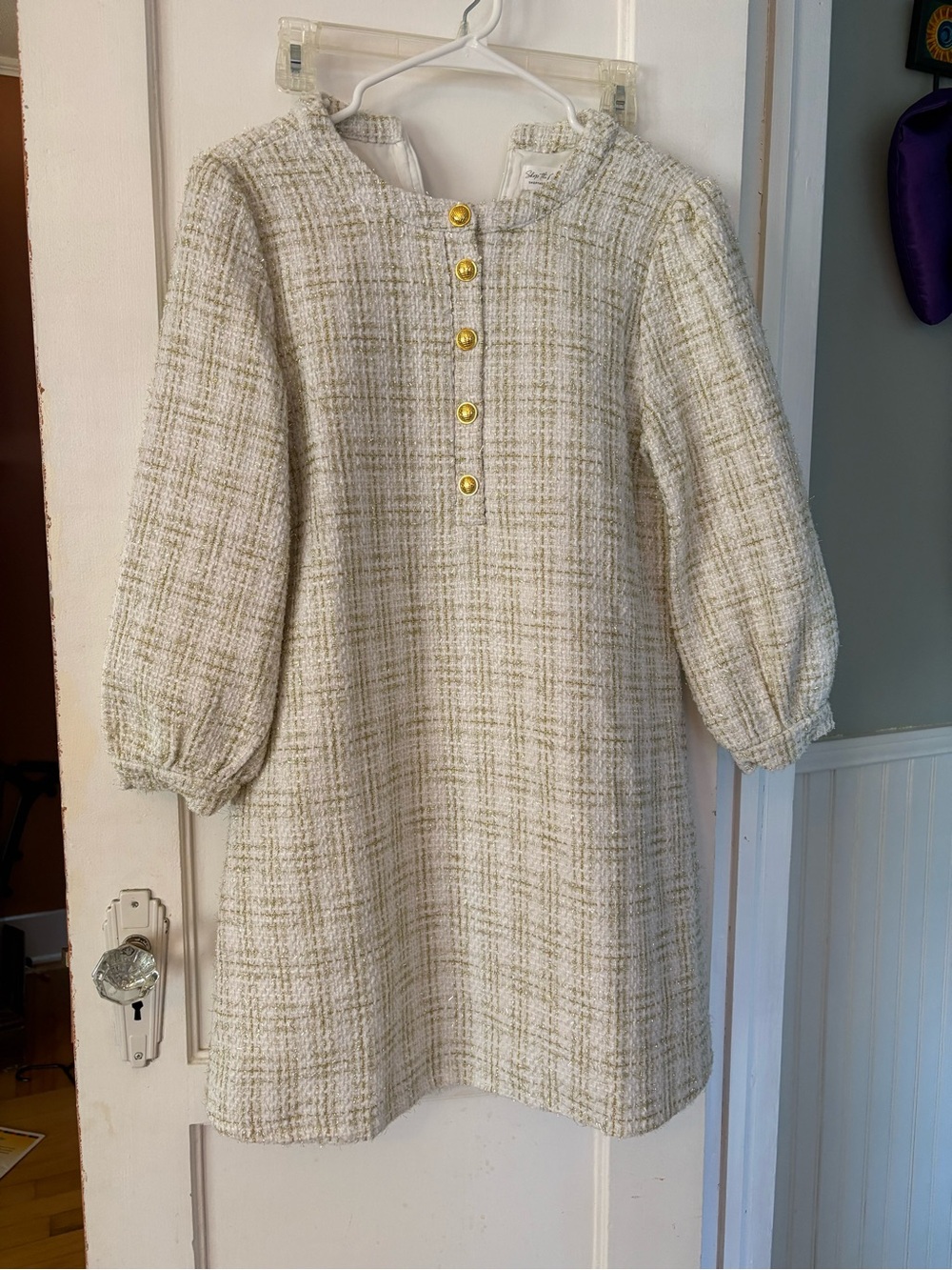 Women’s Cream Plaid Tweed Dress with Gold Buttons